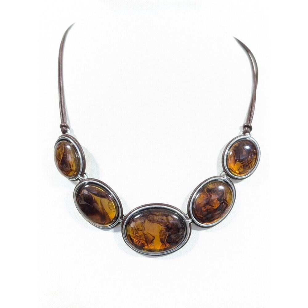 Liz Claiborne Axcess Brown Faux Amber Oval Cabochon Necklace Western Boho Prep